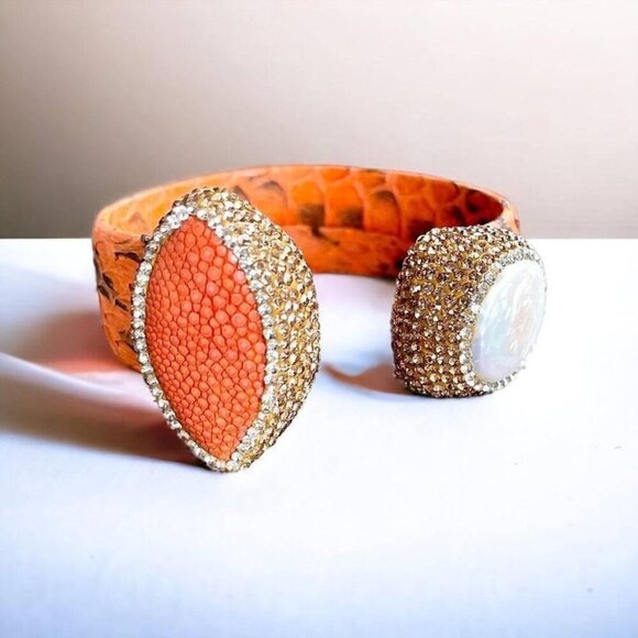 Orange Snake Embossed Leather Cuff with Stingray Leather & Pearl Accents - Picture 1 of 7